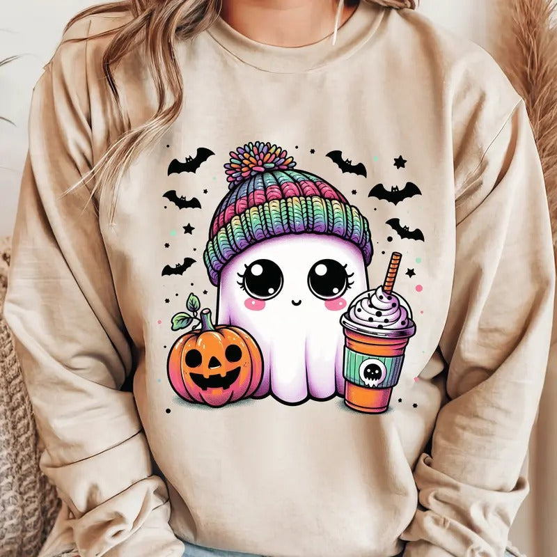 Cute Bougie Halloween Ghost Coffee. Casual Everyday - Adult & Kids T-Shirts, Sweatshirts & Hoodies apparel design preview 1