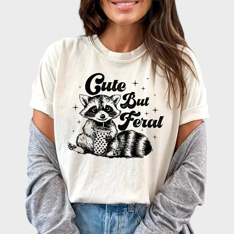 Cute But Feral Meme Raccoon Funny Trash Panda Printed - Adult & Kids T-Shirts, Sweatshirts & Hoodies apparel design preview 1