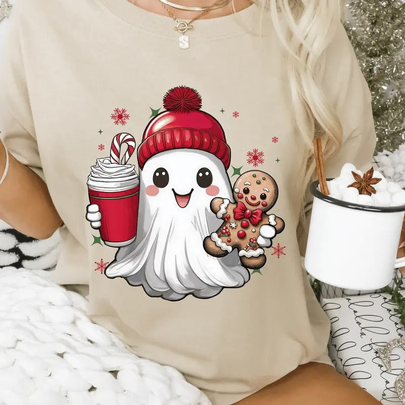Cute Ghost Gingerbread Coffee Casual Winter Softstyle - Adult & Kids T-Shirts, Sweatshirts & Hoodies apparel design preview 1