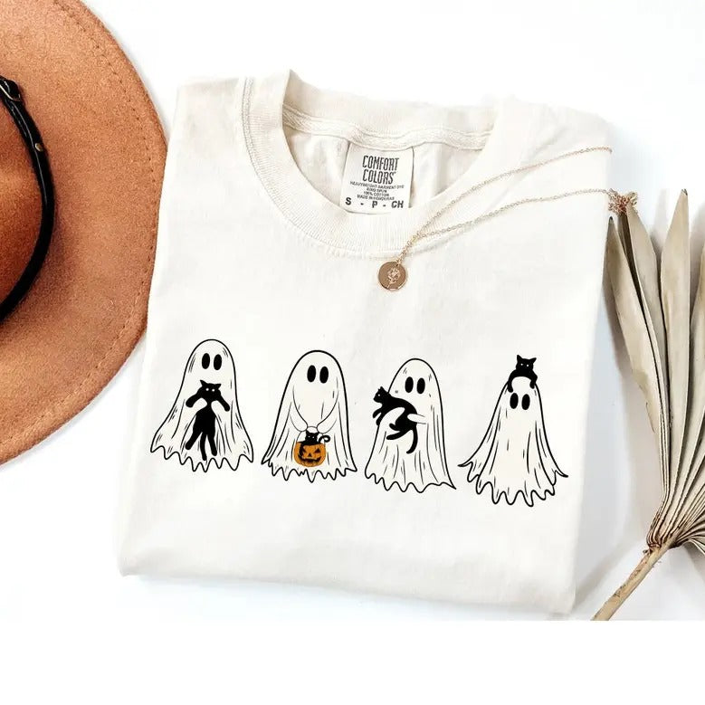 Cute Ghost Black Cats Halloween Comfort Colors Cat - Adult & Kids T-Shirts, Sweatshirts & Hoodies apparel design preview 1