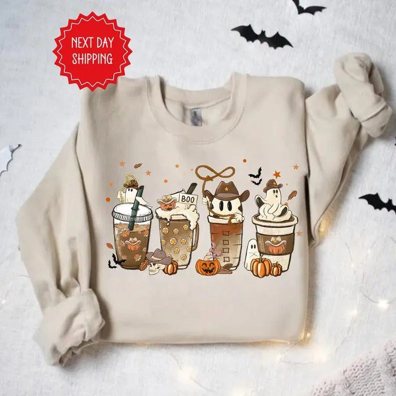 Cute Ghost Coffee Cups Halloween Western Fall Cup - Adult & Kids T-Shirts, Sweatshirts & Hoodies apparel design preview 1