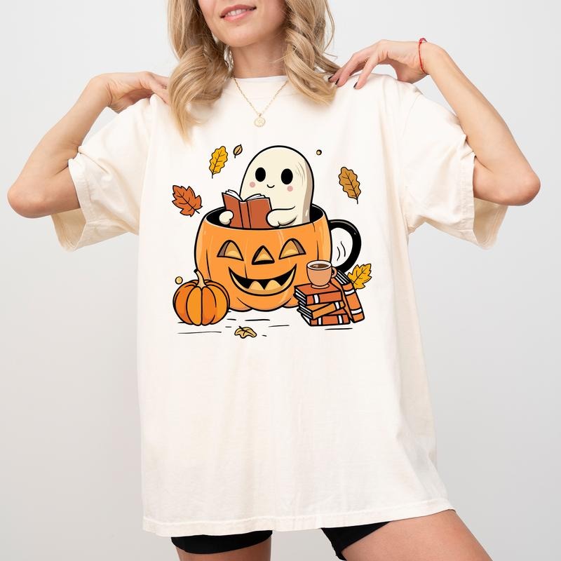 Cute Ghost Reading Book Comfort Colors Retro Fall - Adult & Kids T-Shirts, Sweatshirts & Hoodies apparel design preview 1