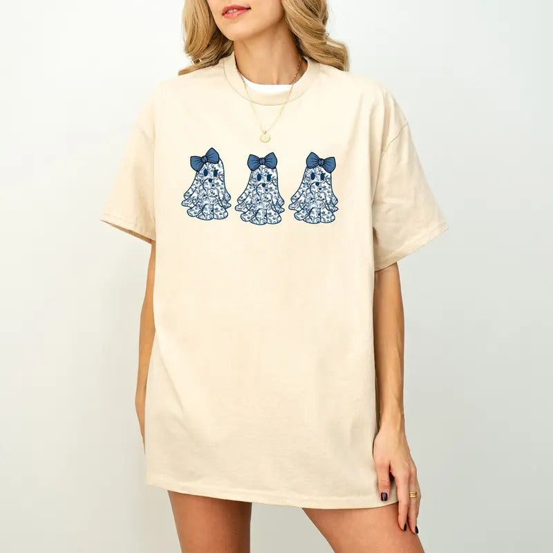 Cute Ghost Blue Toile Boujee Coquette Floral - Adult & Kids T-Shirts, Sweatshirts & Hoodies apparel design preview 1