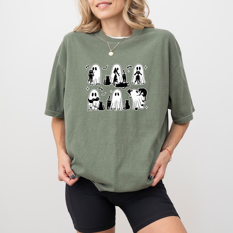 Cute Ghost Black Cat Comfort Colors Funny Halloween - Adult & Kids T-Shirts, Sweatshirts & Hoodies apparel design preview 1