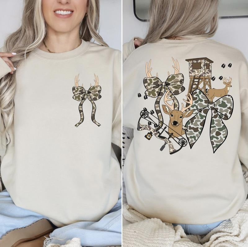 Cute Hunting Camo Deer Bow Front Back - Adult & Kids T-Shirts, Sweatshirts & Hoodies apparel design preview 1