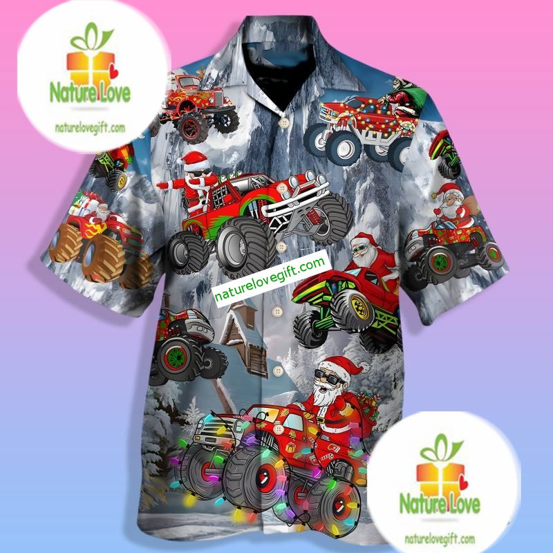 Cute Santa Claus Riding Red Truck Grey Original - Adult & Kids T-Shirts, Sweatshirts & Hoodies apparel design preview 1