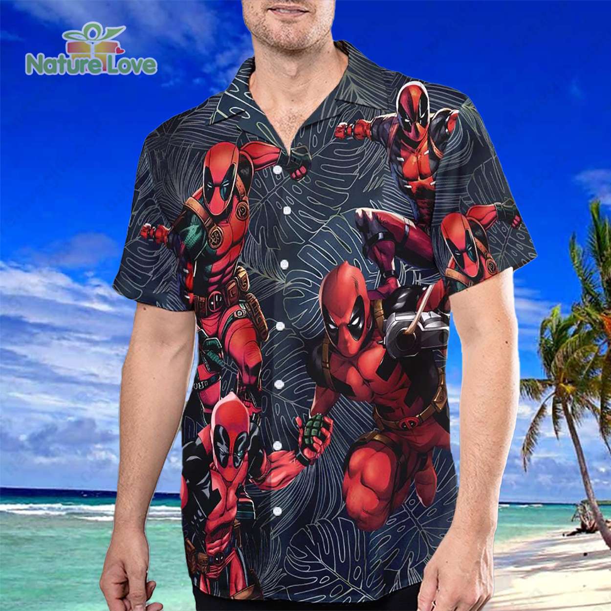Deadpool Avengers Tropical Leaves Button Up Hawaiian - Adult & Kids T-Shirts, Sweatshirts & Hoodies apparel design preview 1