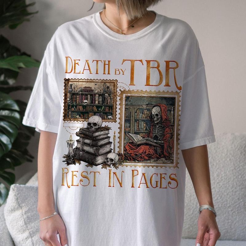 Death TBR Rest Pages Bookworm Funny Bookish Halloween - Adult & Kids T-Shirts, Sweatshirts & Hoodies apparel design preview 1