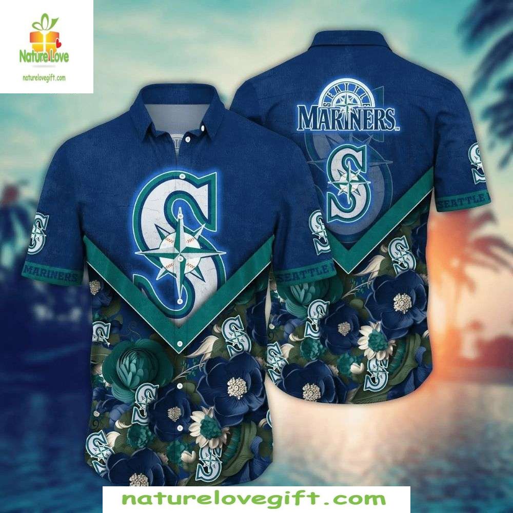 MLB Hawaiian Deep Blue Green Floral Mariners Baseball - Adult & Kids T-Shirts, Sweatshirts & Hoodies apparel design preview 1