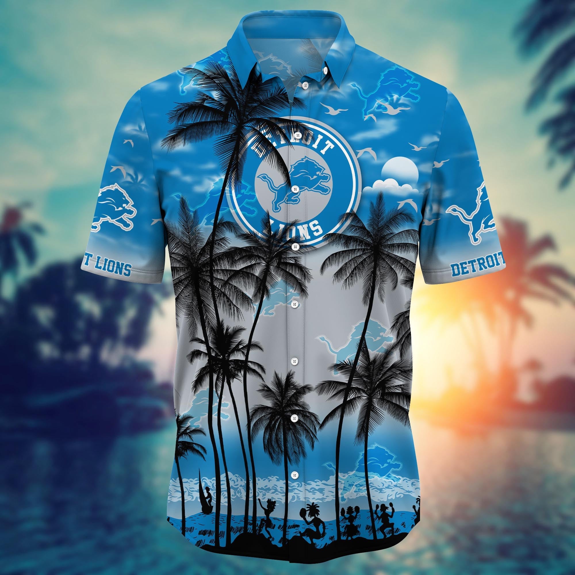 Detroit Lions Hawaiian with Skyline and Palms Design - Adult & Kids T-Shirts, Sweatshirts & Hoodies apparel design preview 1