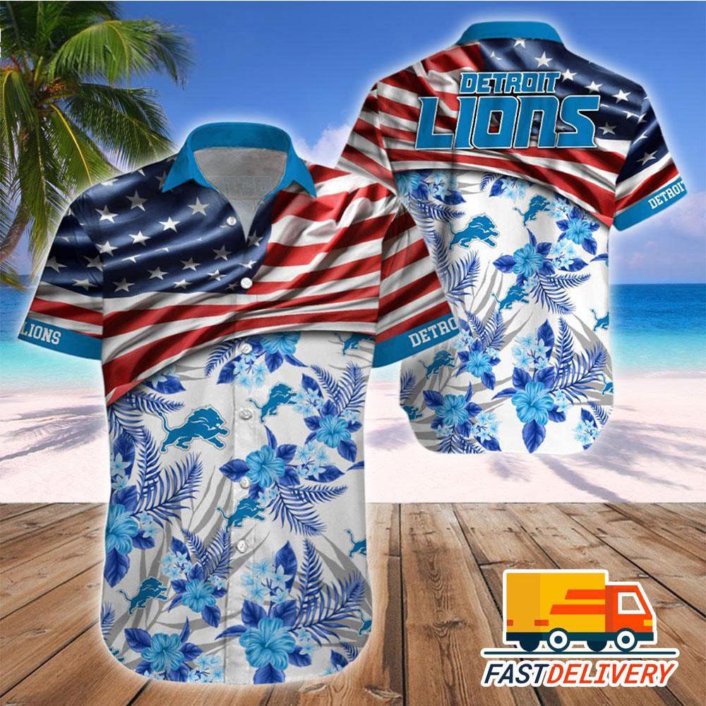 Detroit Lions Hawaiian Stars Stripes Floral Design - Adult & Kids T-Shirts, Sweatshirts & Hoodies apparel design preview 1