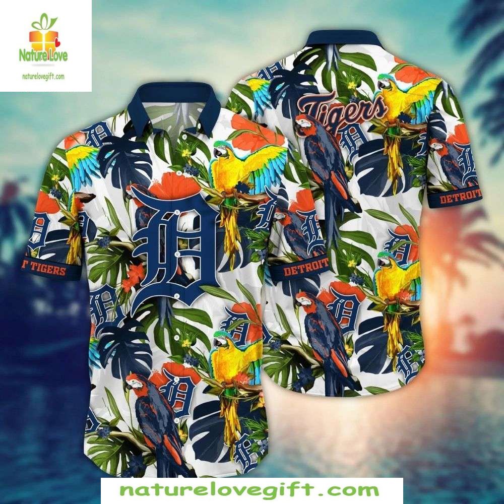 Detroit Tigers Hawaiian Vibrant Parrot Print MLB - Adult & Kids T-Shirts, Sweatshirts & Hoodies apparel design preview 1