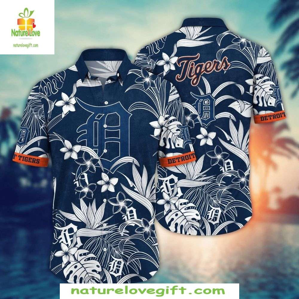 Detroit Tigers Hawaiian Floral Monochrome MLB - Adult & Kids T-Shirts, Sweatshirts & Hoodies apparel design preview 1