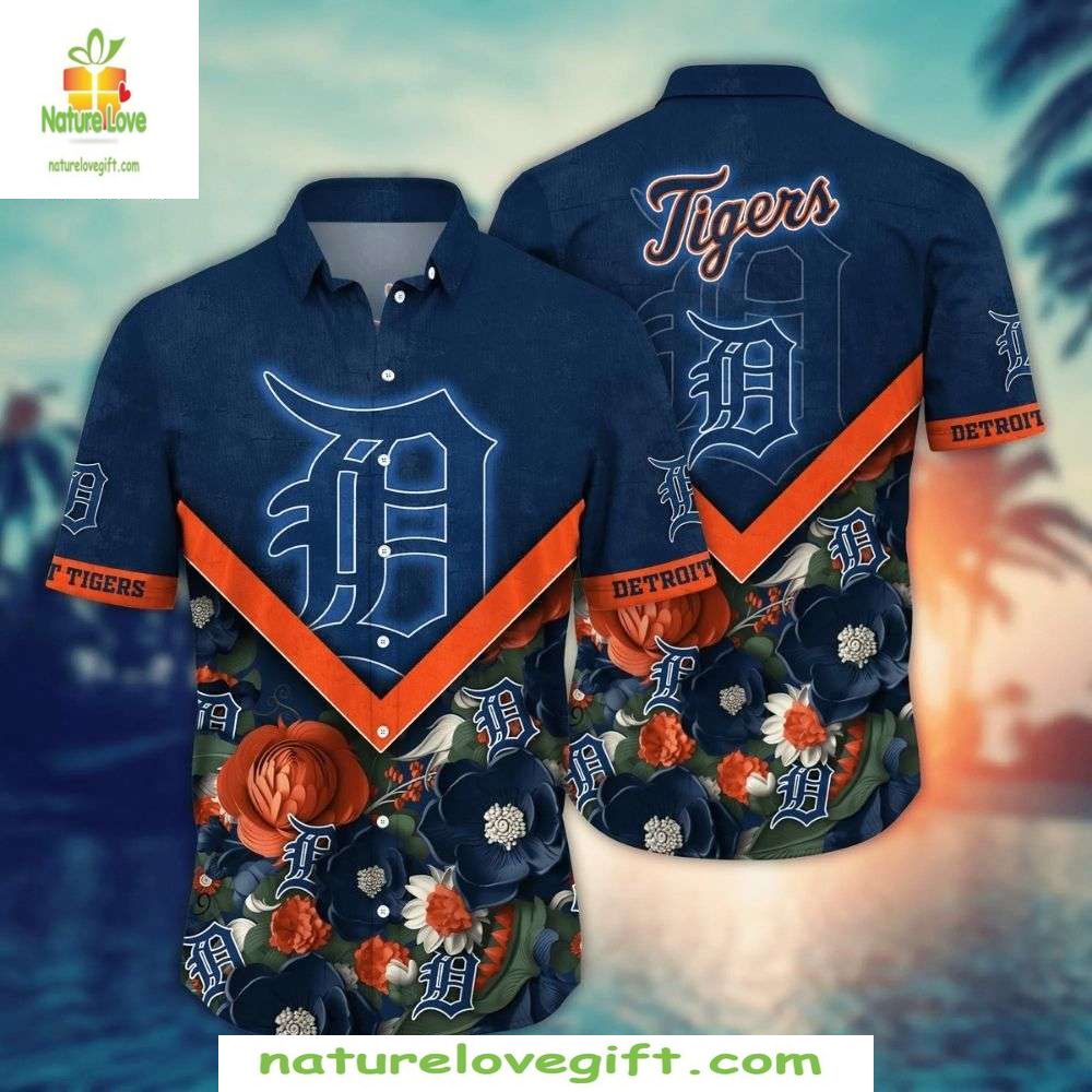 Detroit Tigers Navy Blue Hibiscus Orange Aloha - Adult & Kids T-Shirts, Sweatshirts & Hoodies apparel design preview 1