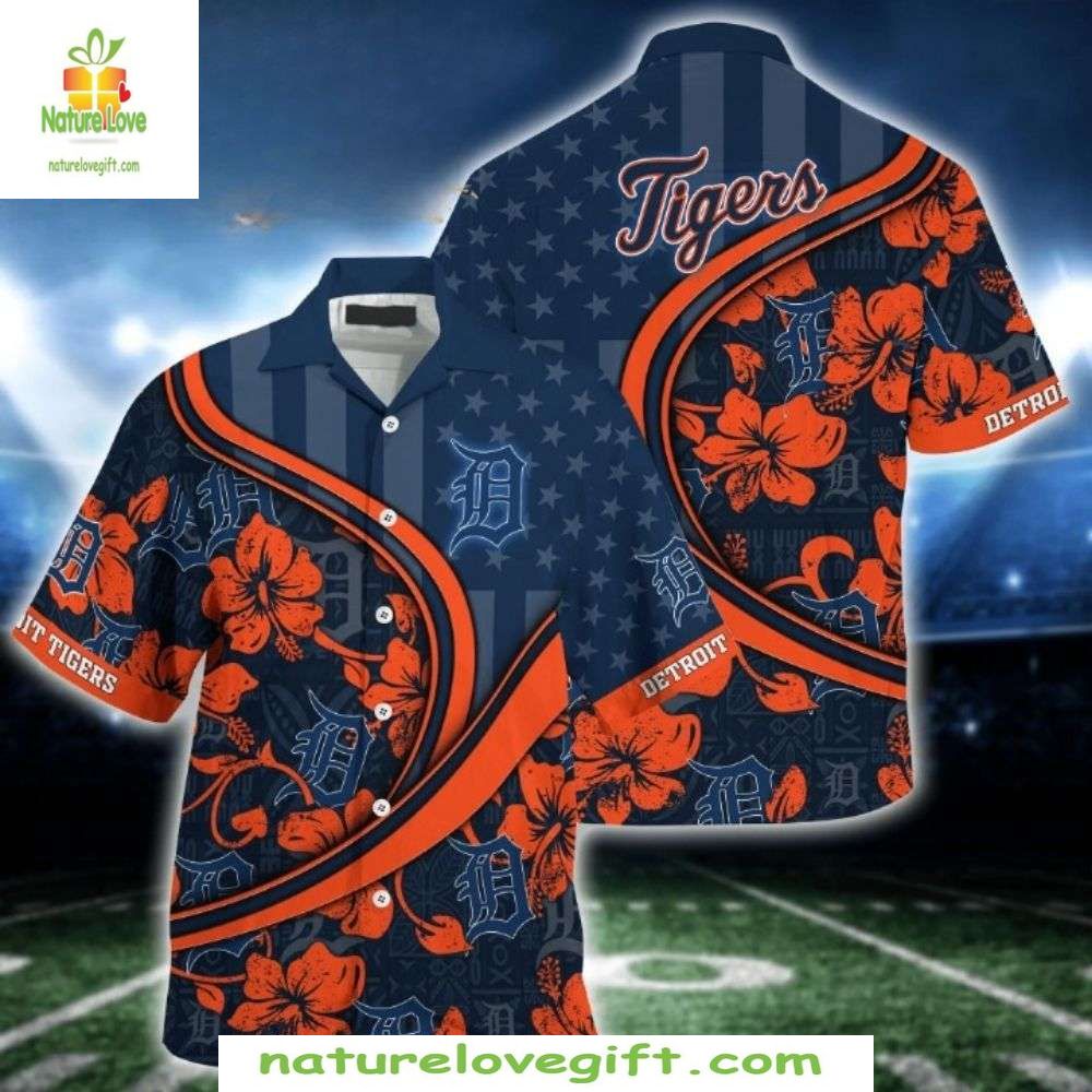 Detroit Tigers Hawaiian Orange Navy Floral Baseball - Adult & Kids T-Shirts, Sweatshirts & Hoodies apparel design preview 1