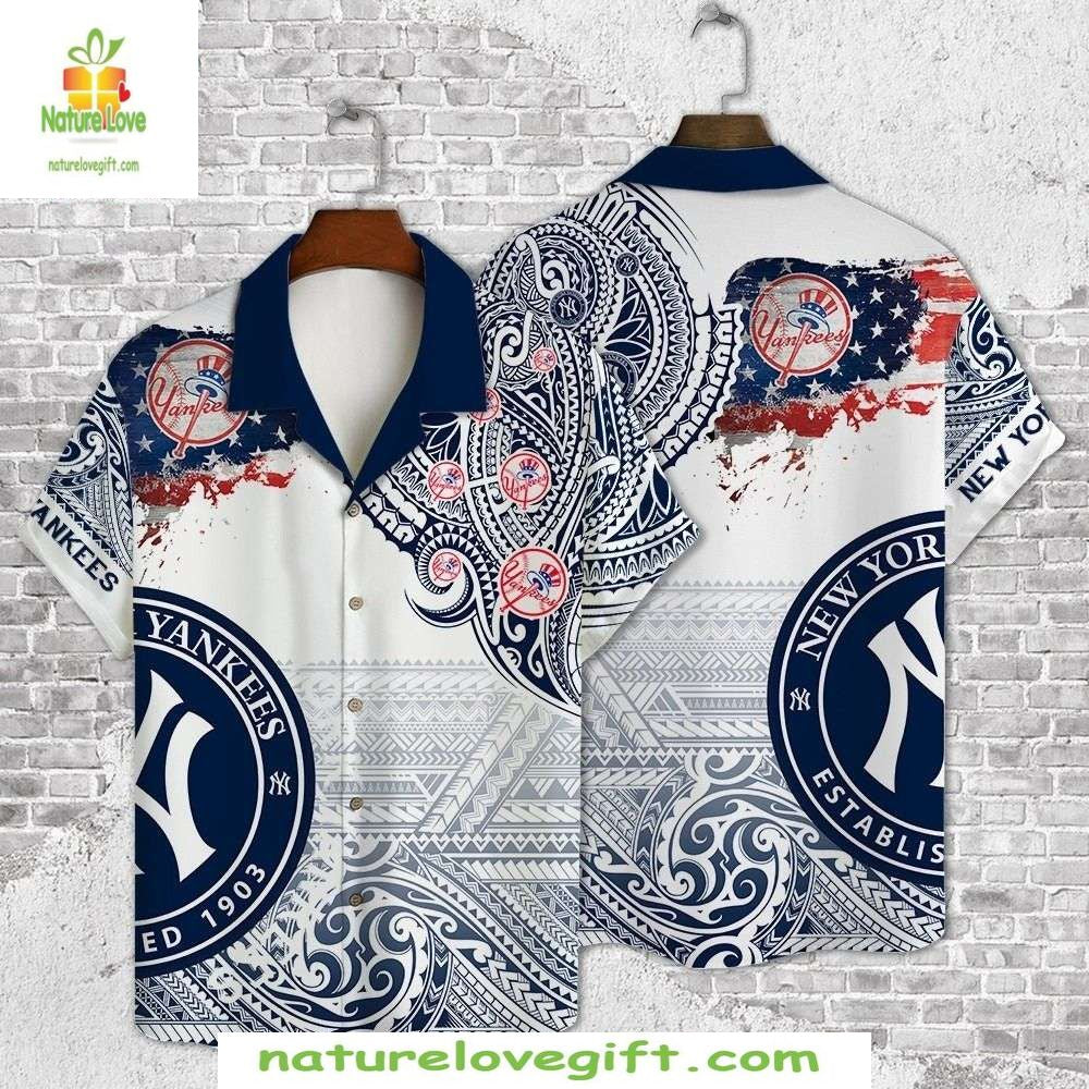 NY Yankees Hawaiian Vintage Blue White Distressed - Adult & Kids T-Shirts, Sweatshirts & Hoodies apparel design preview 1
