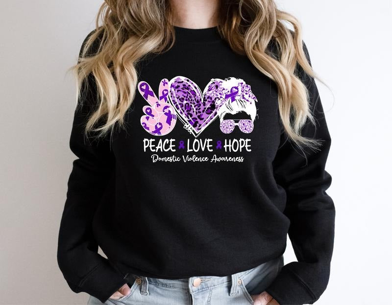 Domestic Violence Peace Love Purple Ribbon Survivor - Adult & Kids T-Shirts, Sweatshirts & Hoodies apparel design preview 1