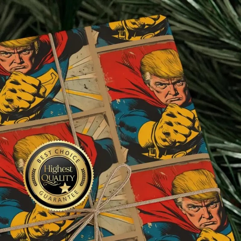 Donald Trump Wrapping Paper Super Hero Wrap MAGA - Adult & Kids T-Shirts, Sweatshirts & Hoodies apparel design preview 1