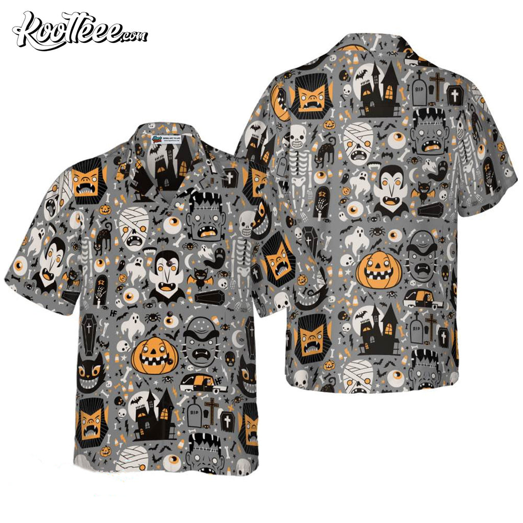 Doodle Pattern Happy Halloween Hawaiian - Adult & Kids T-Shirts, Sweatshirts & Hoodies apparel design preview 1