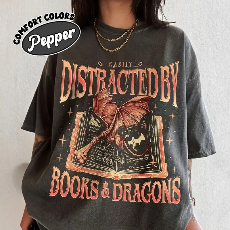 Dragon Book Bookworm Easily Distracted Dragons Books - Adult & Kids T-Shirts, Sweatshirts & Hoodies apparel design preview 1