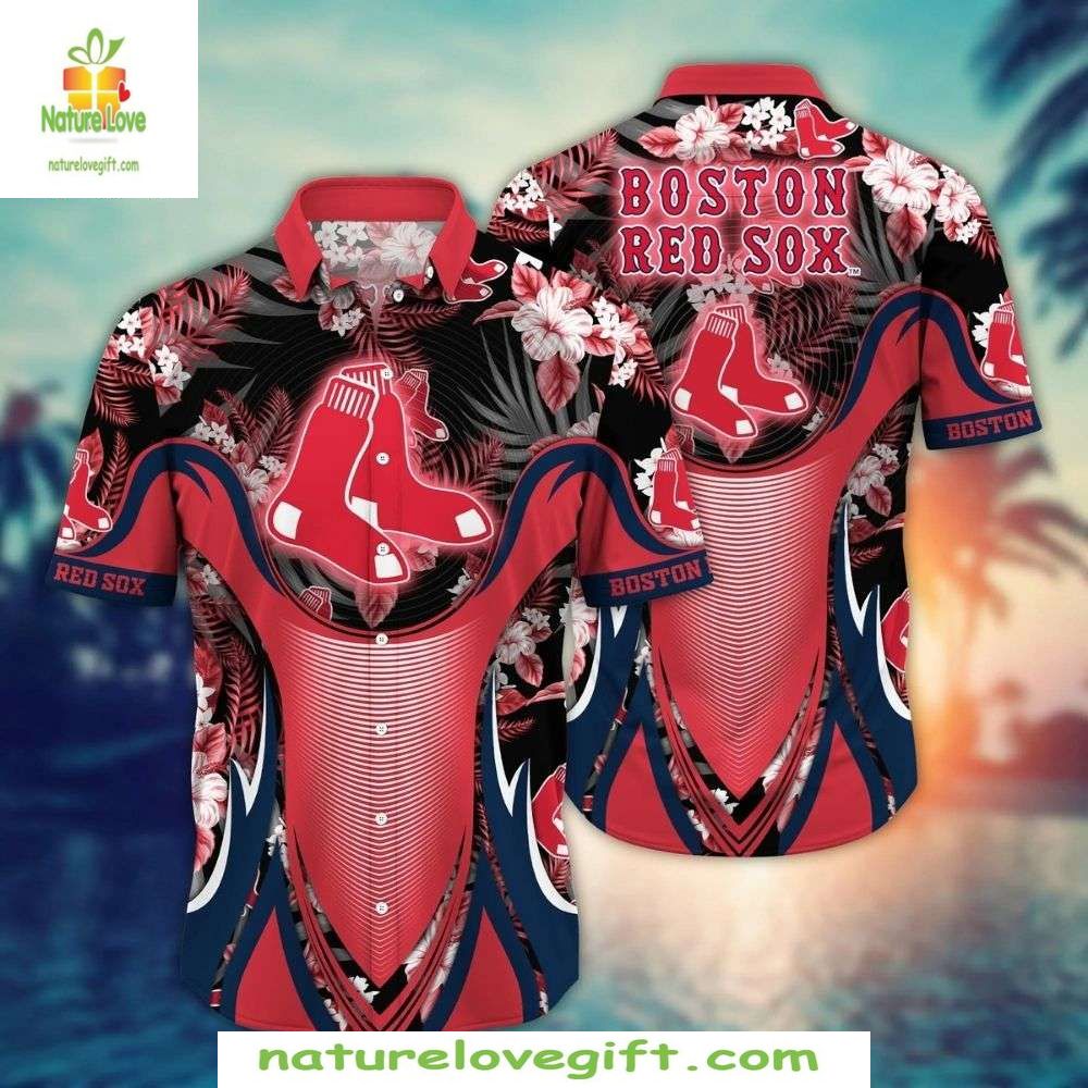 Boston Red Sox Hawaiian Black Floral MLB Baseball - Adult & Kids T-Shirts, Sweatshirts & Hoodies apparel design preview 1