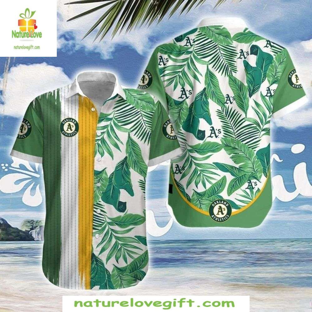 Oakland A's Hawaiian Green Stripe Foliage Print MLB - Adult & Kids T-Shirts, Sweatshirts & Hoodies apparel design preview 1