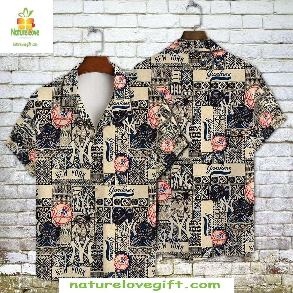 NY Yankees Hawaiian Elegant Tapa Beige Navy MLB - Adult & Kids T-Shirts, Sweatshirts & Hoodies apparel design preview 1