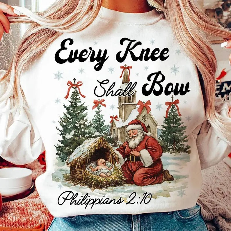 Every Knee Shall Bow Nativity Scene Santa Vintage - Adult & Kids T-Shirts, Sweatshirts & Hoodies apparel design preview 1