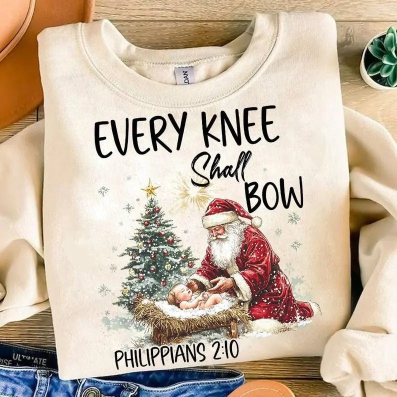Every Knee Shall Bow Sublimation Nativity Scene Santa - Adult & Kids T-Shirts, Sweatshirts & Hoodies apparel design preview 1