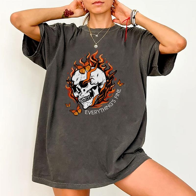 Everything Is Fine Skull Fire Skeleton Rock N Roll - Adult & Kids T-Shirts, Sweatshirts & Hoodies apparel design preview 1