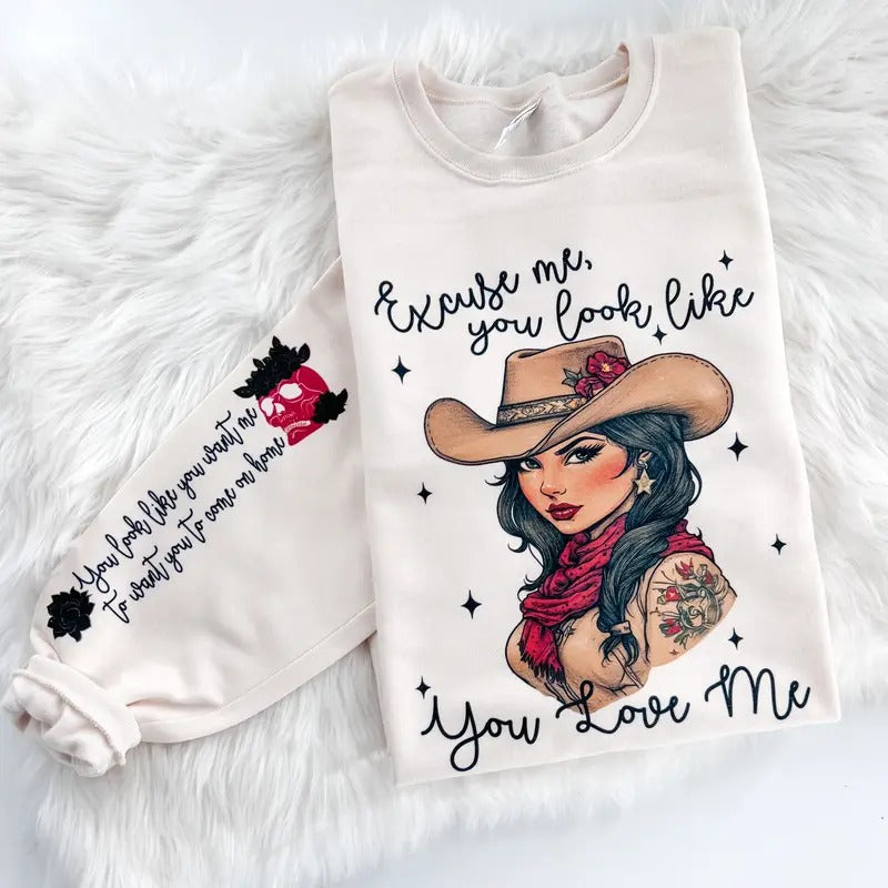 Excuse Me You Like Love Sleeve Prints Country Music - Adult & Kids T-Shirts, Sweatshirts & Hoodies apparel design preview 1