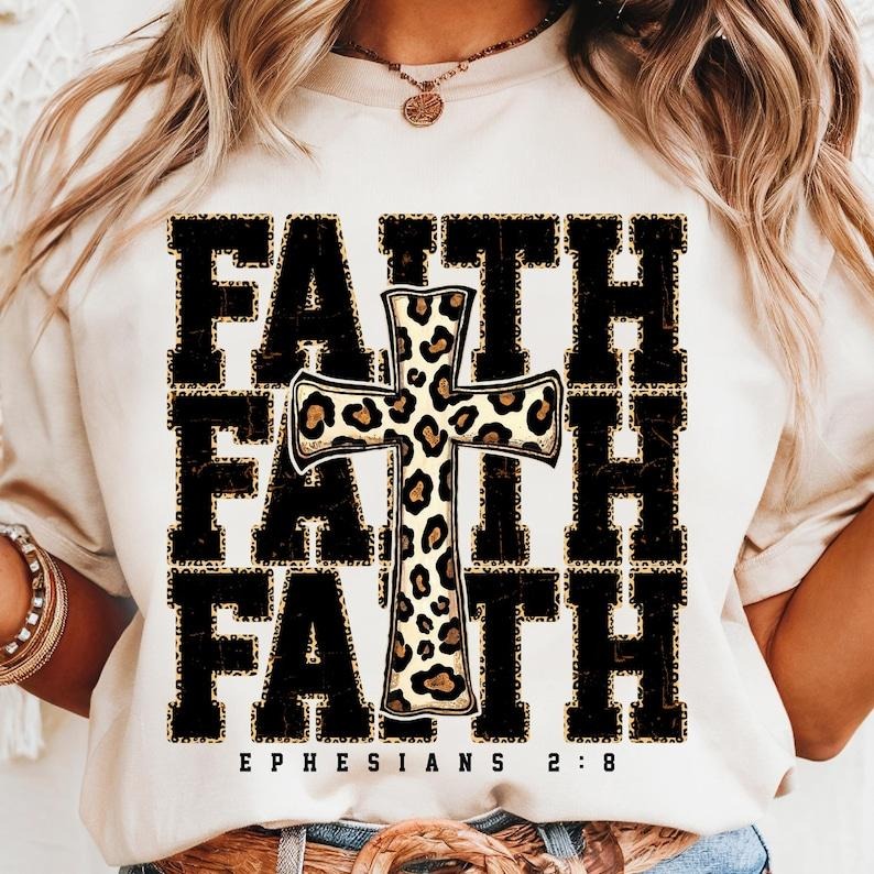 Faith Cross Leopard Print Christian Based - Adult & Kids T-Shirts, Sweatshirts & Hoodies apparel design preview 1