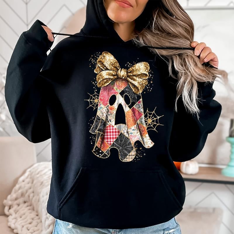 Faux Glitter Patchwork Ghost Spooky Season Coquette - Adult & Kids T-Shirts, Sweatshirts & Hoodies apparel design preview 1