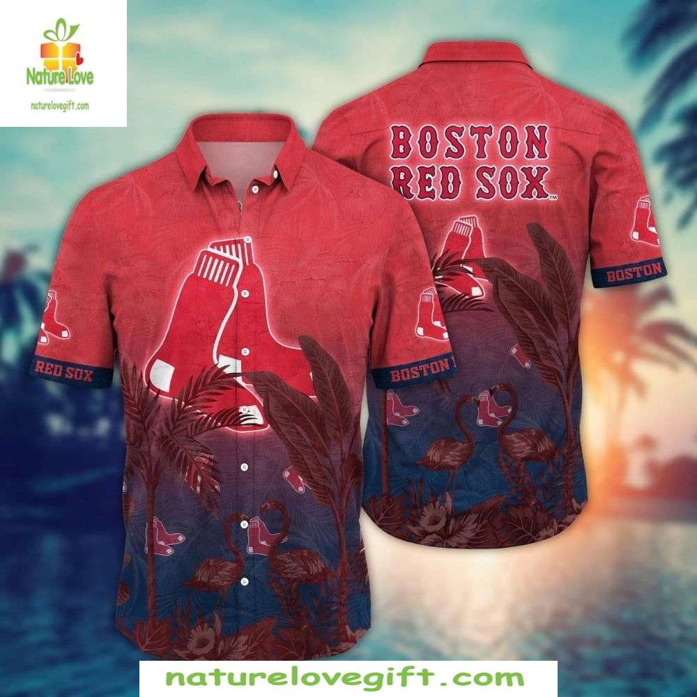 Boston Red Sox Hawaiian Flamingo Fern Tropical - Adult & Kids T-Shirts, Sweatshirts & Hoodies apparel design preview 1
