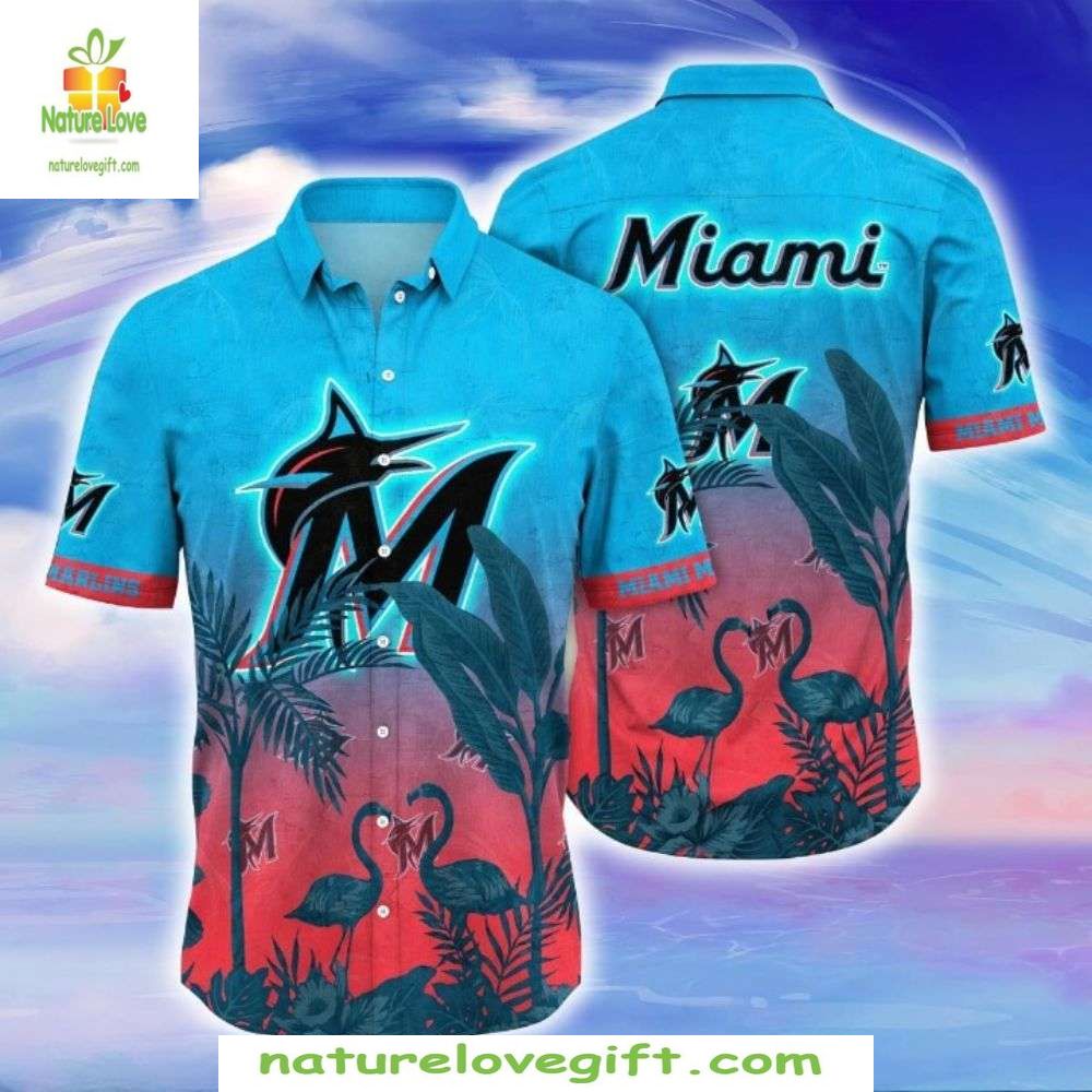 Miami Marlins Hawaiian Flamingo Sunset Stylish - Adult & Kids T-Shirts, Sweatshirts & Hoodies apparel design preview 1