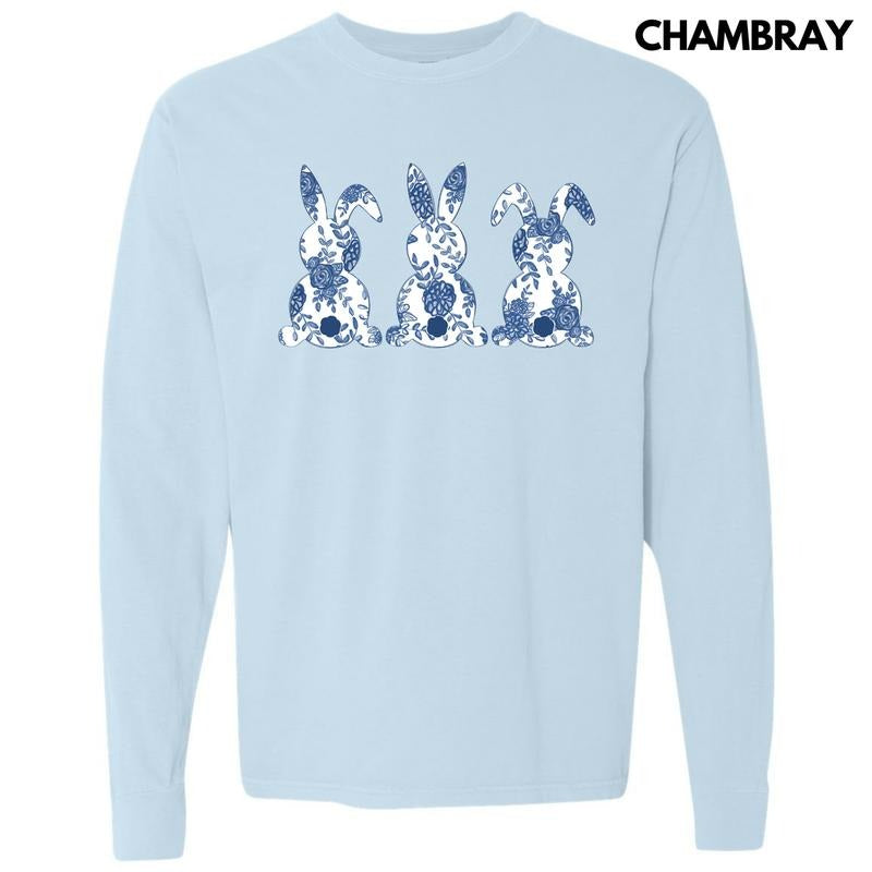 Floral Blue Bunny Trio Comfort Colors 'NLB' - Adult & Kids T-Shirts, Sweatshirts & Hoodies apparel design preview 1
