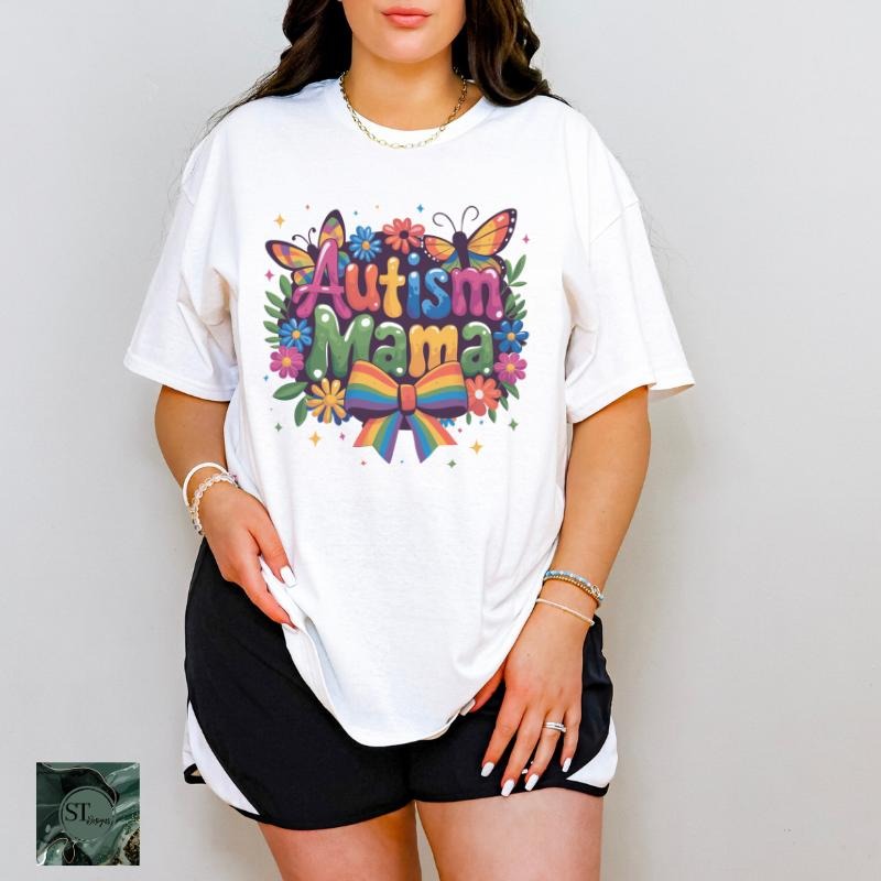 Floral Butterfly Autism Mama White 100% Ring Spun - Adult & Kids T-Shirts, Sweatshirts & Hoodies apparel design preview 1