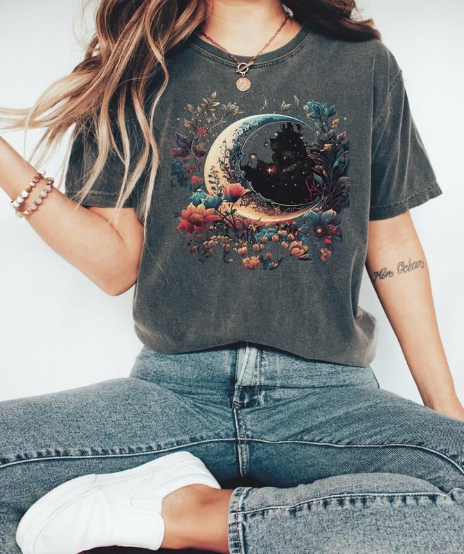 Floral Crescent Moon Stars Garden - Adult & Kids T-Shirts, Sweatshirts & Hoodies apparel design preview 1