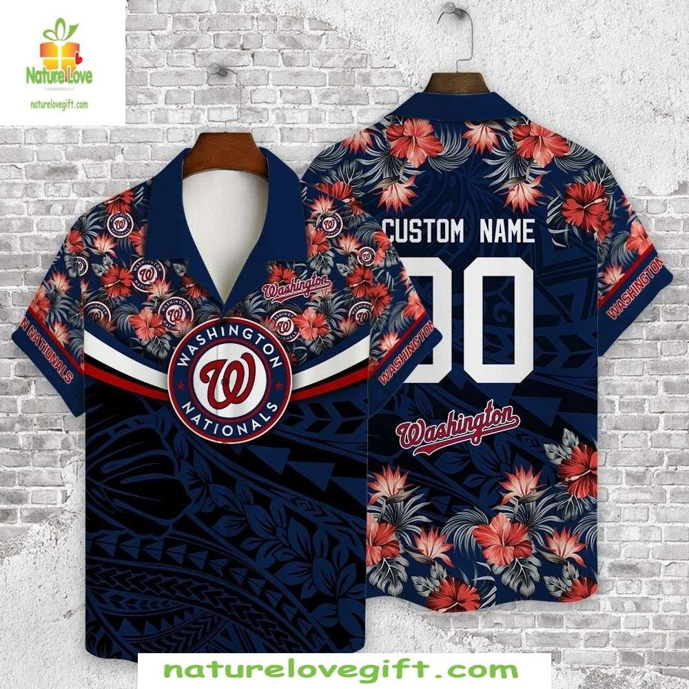 Washington Nationals Hawaiian Floral Fanfare Blue Red - Adult & Kids T-Shirts, Sweatshirts & Hoodies apparel design preview 1