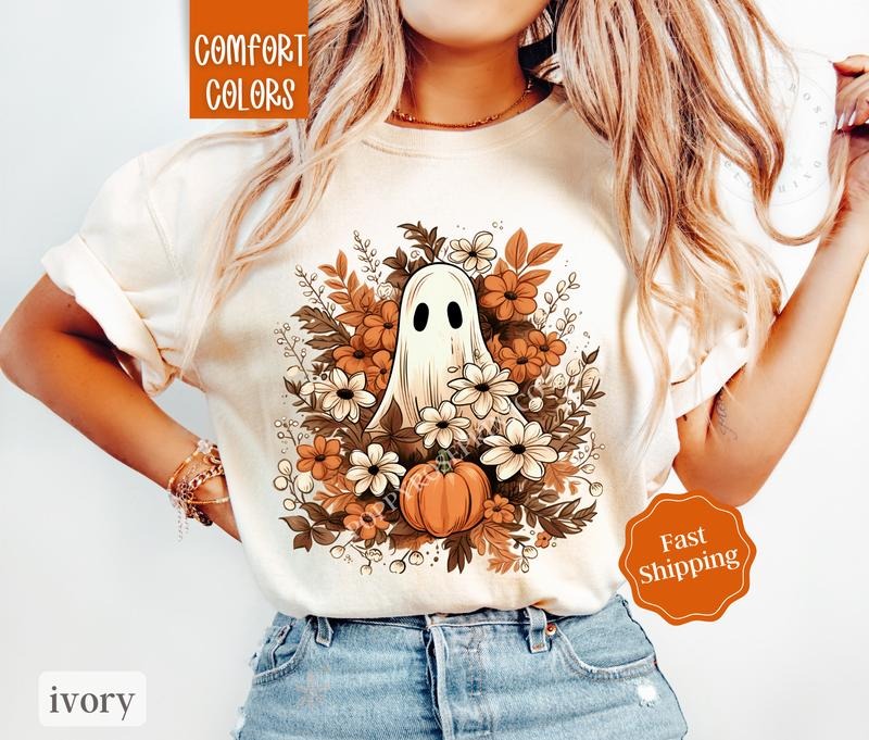 Floral Ghost Comfort Colors Halloween Fall Season - Adult & Kids T-Shirts, Sweatshirts & Hoodies apparel design preview 1