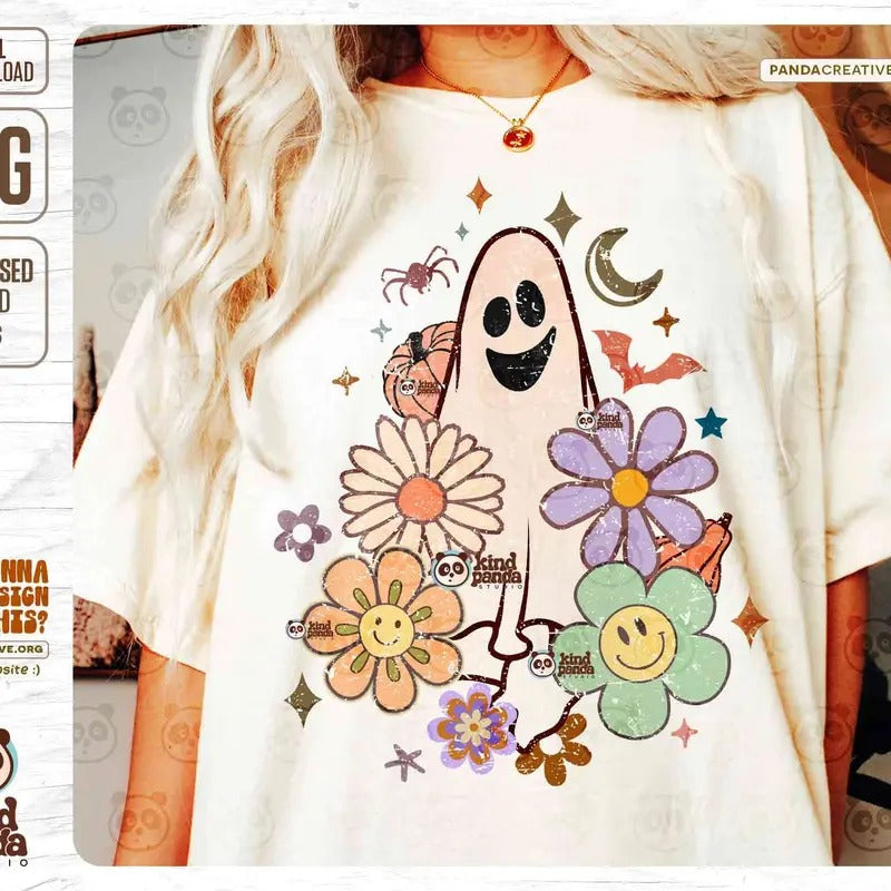 Floral Halloween Ghost Png Retro Sublimation Groovy - Adult & Kids T-Shirts, Sweatshirts & Hoodies apparel design preview 1