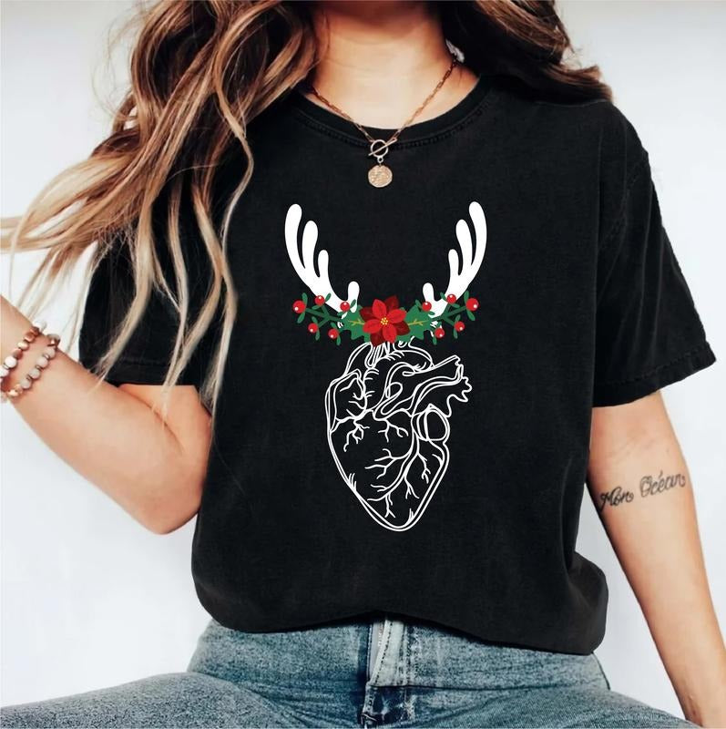 Floral Heart Anatomy Nurse Reindeer Human CVICU - Adult & Kids T-Shirts, Sweatshirts & Hoodies apparel design preview 1