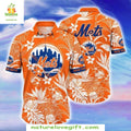 NY Mets Hawaiian Floral Skyline Orange Aloha Baseball - Adult & Kids T-Shirts, Sweatshirts & Hoodies apparel design preview 1