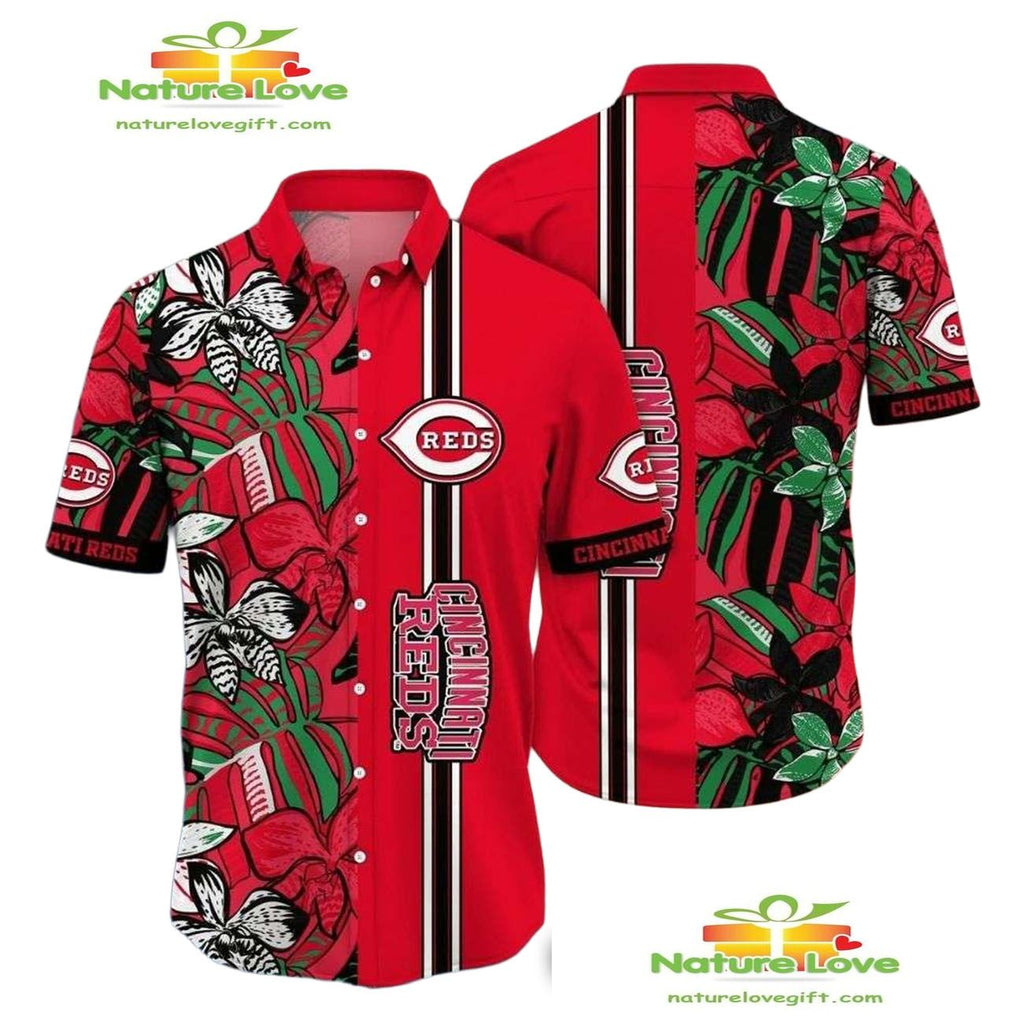 Hawaiian Floral Stripe Tropical Cincinnati Reds Aloha - Adult & Kids T-Shirts, Sweatshirts & Hoodies apparel design preview 1