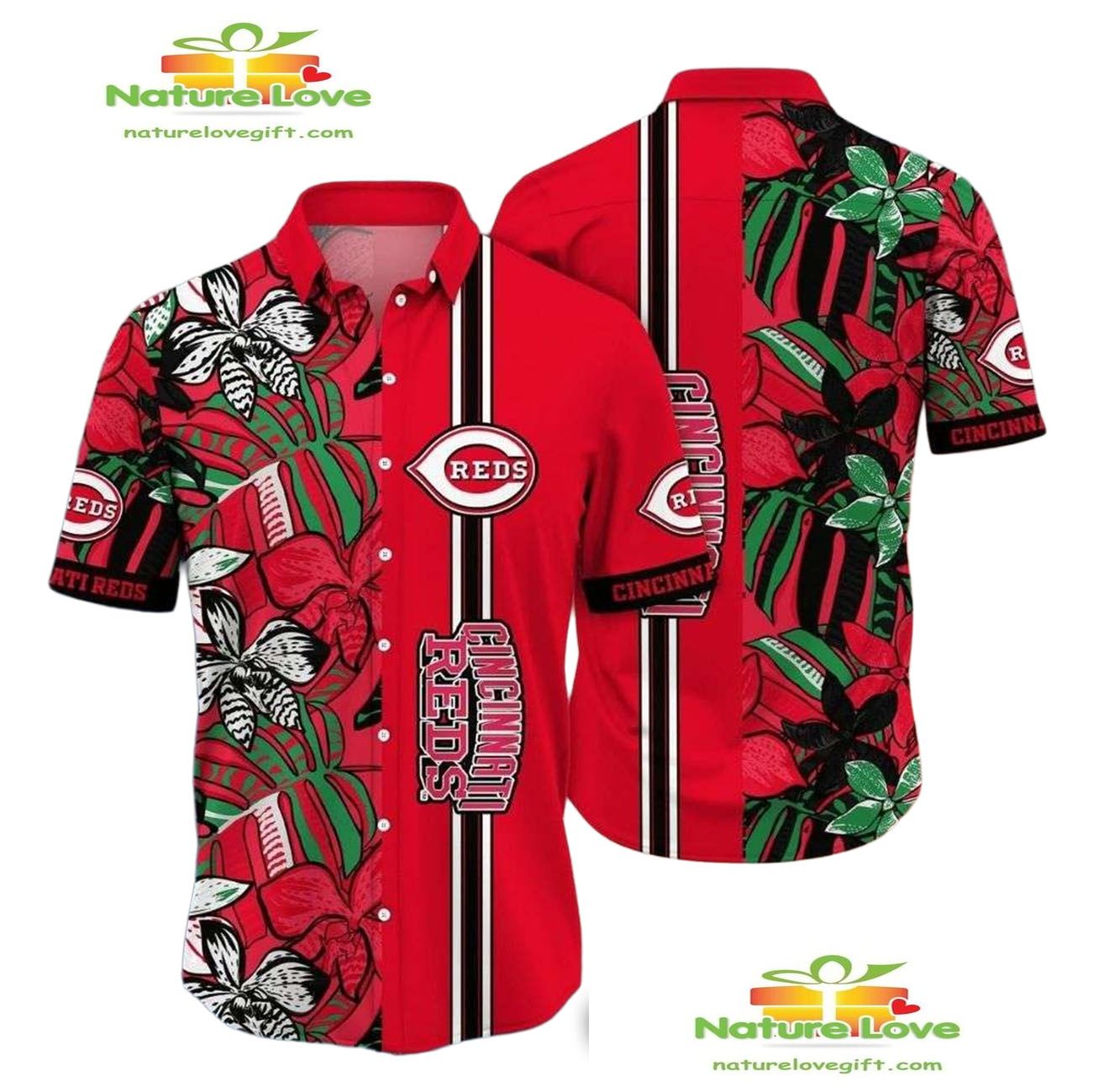 Hawaiian Floral Stripe Tropical Cincinnati Reds Aloha - Adult & Kids T-Shirts, Sweatshirts & Hoodies apparel design preview 1