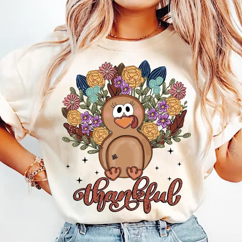 Floral Turkey Thanksgiving Coquette Thankful Fall - Adult & Kids T-Shirts, Sweatshirts & Hoodies apparel design preview 1