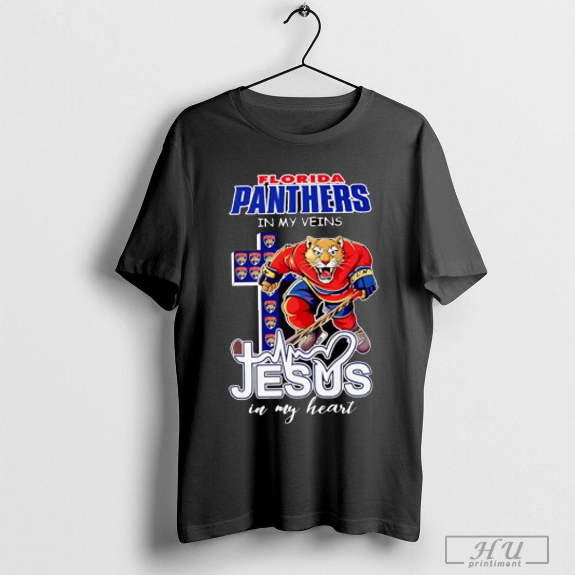 Florida Panthers In My Veins Jesus Heart Mascot - Adult & Kids T-Shirts, Sweatshirts & Hoodies apparel design preview 1