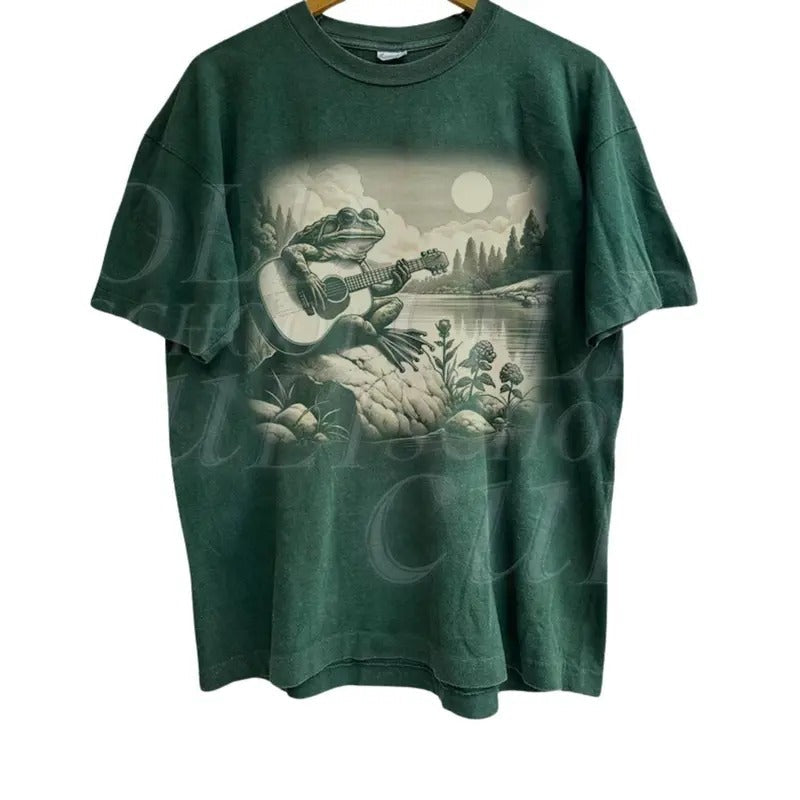 Frog Playing Guitar Vintage 90s Toad Lovers Wild Free - Adult & Kids T-Shirts, Sweatshirts & Hoodies apparel design preview 1