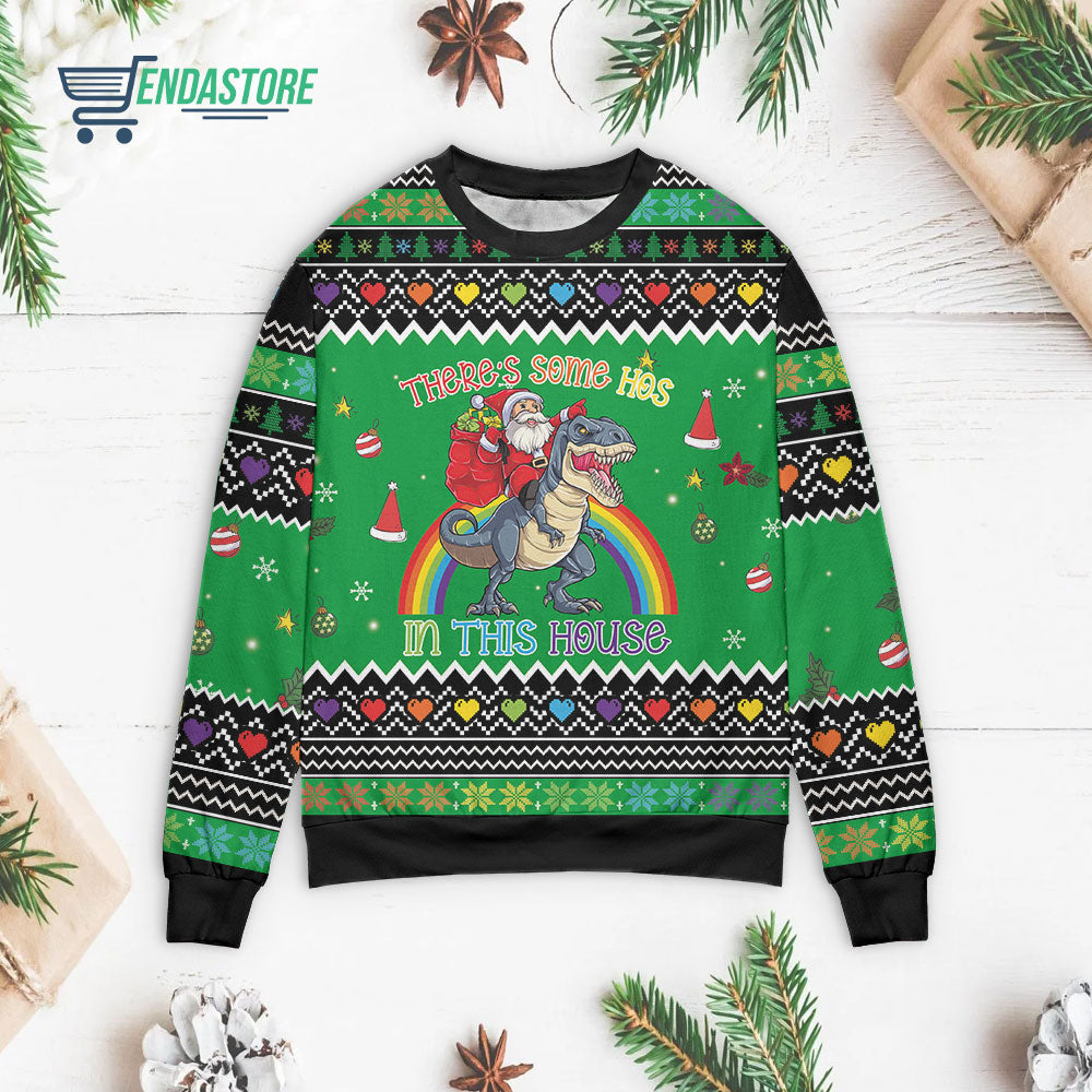 Santa Claus riding dinosaur there’s some hos in this house 3D Christmas Sweater - Holiday Gift product image 3
