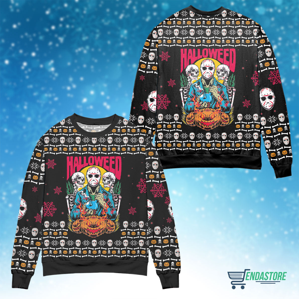 Jason, skeleton and pumpkin halloween 3D Christmas Sweater - Holiday Gift product image 4